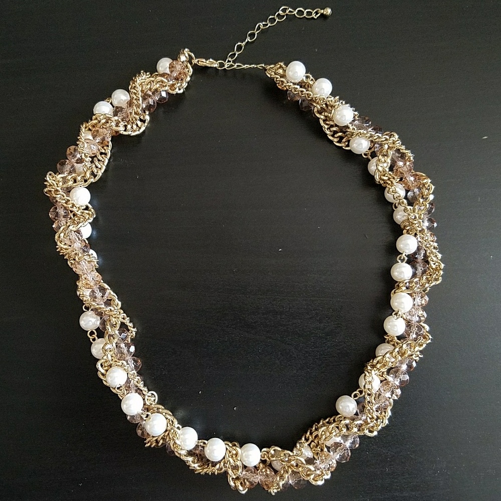 Wrapped gold, crystal, & pearl statement necklace
